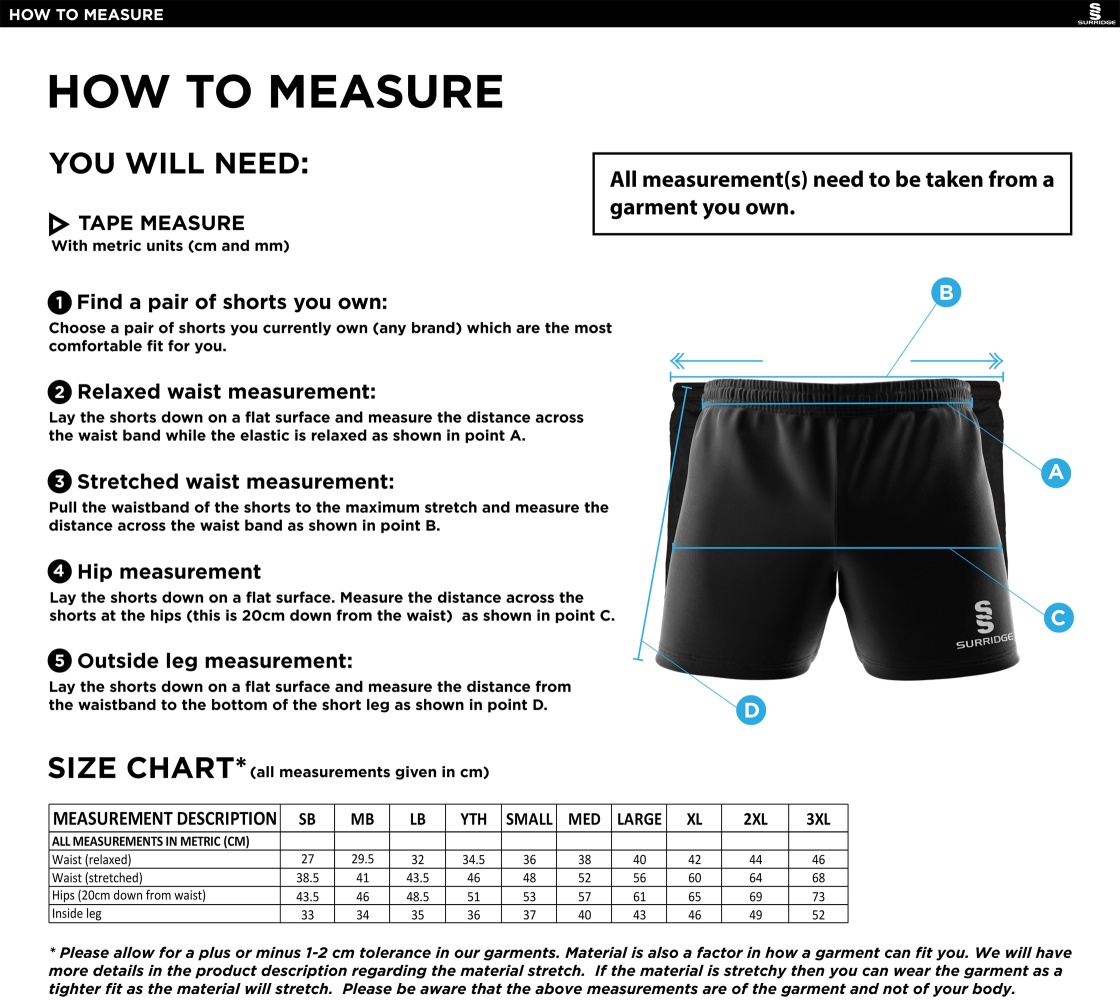 Young Lions Cricket Club Dual Gym Shorts - Size Guide
