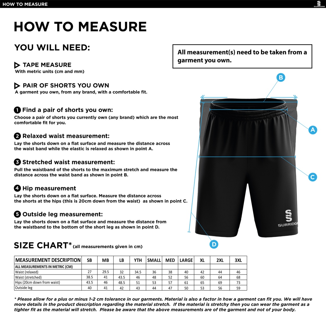 Young Lions Cricket Club Ripstop Leisure Shorts - Size Guide