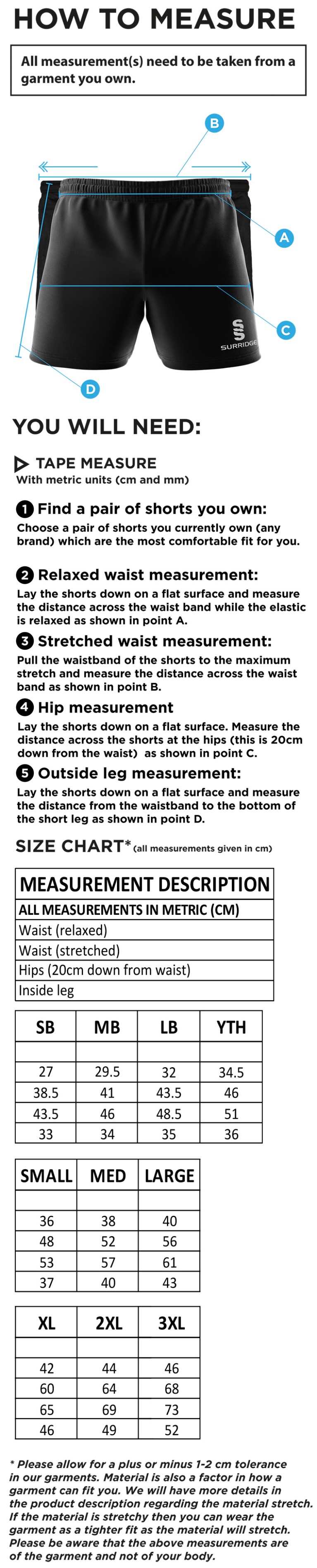 Young Lions Cricket Club Dual Gym Shorts - Size Guide