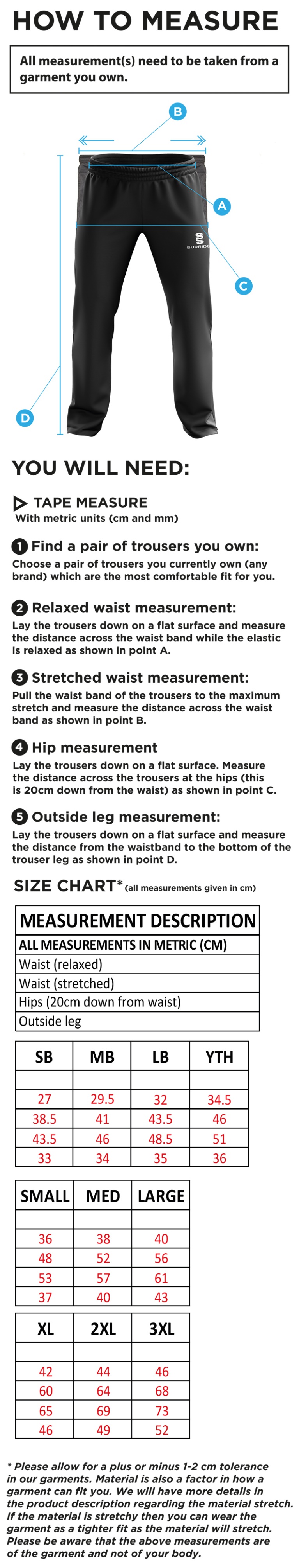 Young Lions Cricket Club Ripstop Track Pant - Size Guide