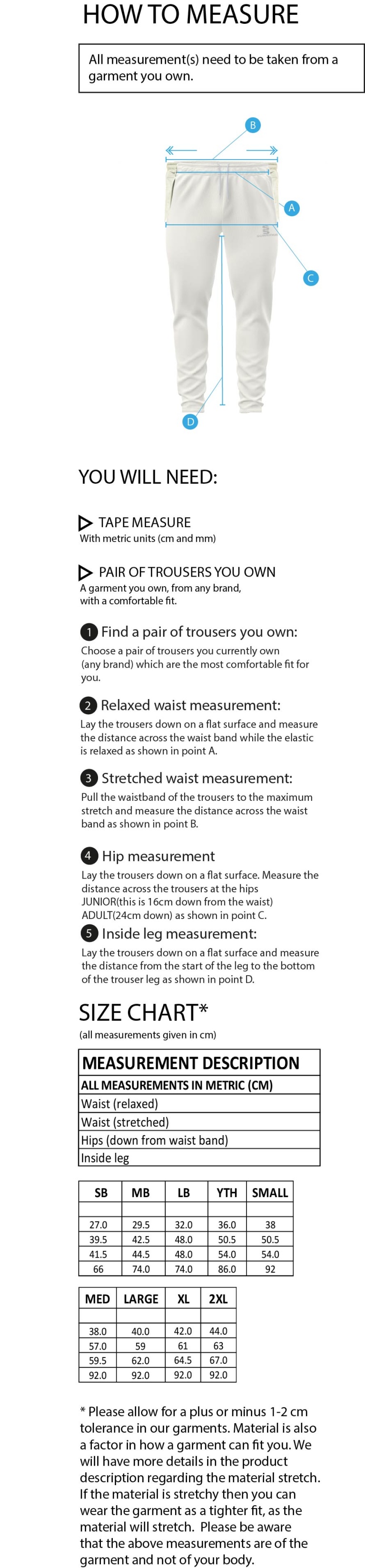 Young Lions Cricket Club Coloured Cricket Trousers - Size Guide
