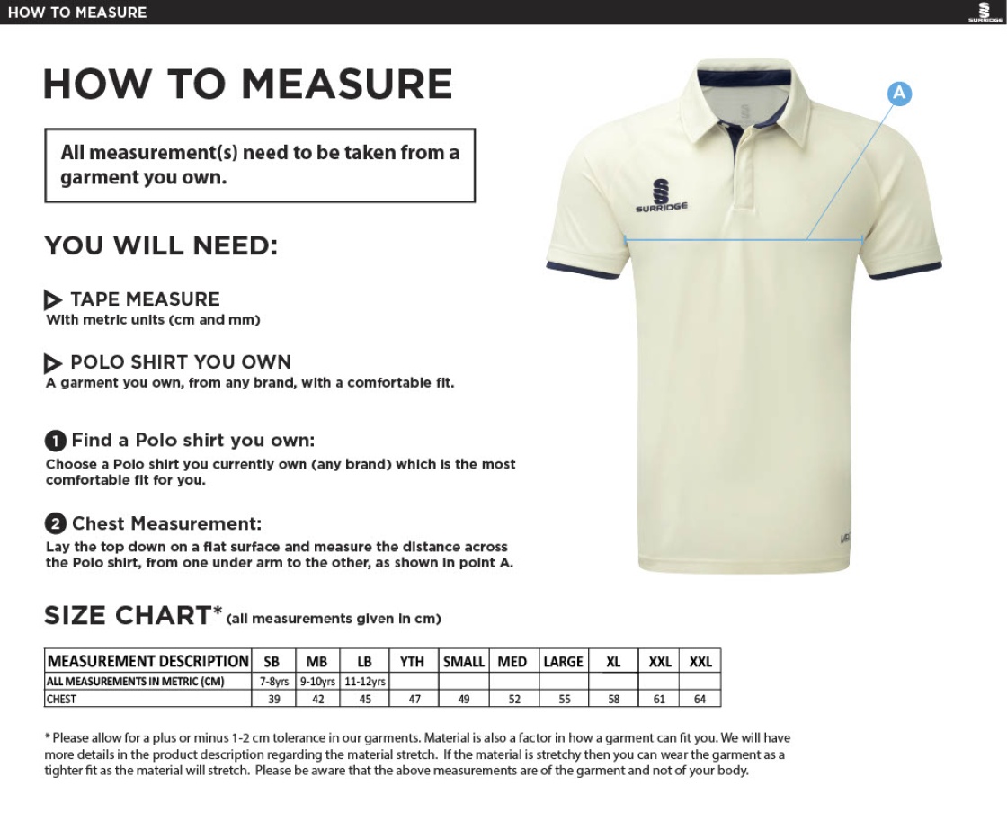 Young Lions Cricket Club Ergo Short Sleeve Playing Shirt - Size Guide