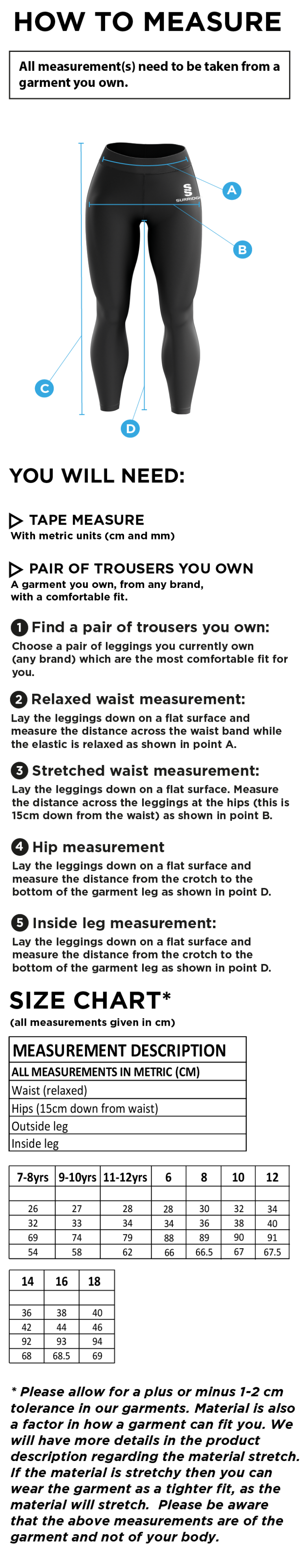 Young Lions Cricket Club Dual Leggings - Size Guide