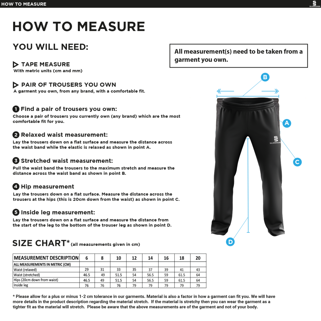 Young Lions Cricket Club Womens Poplin Track Pant - Size Guide