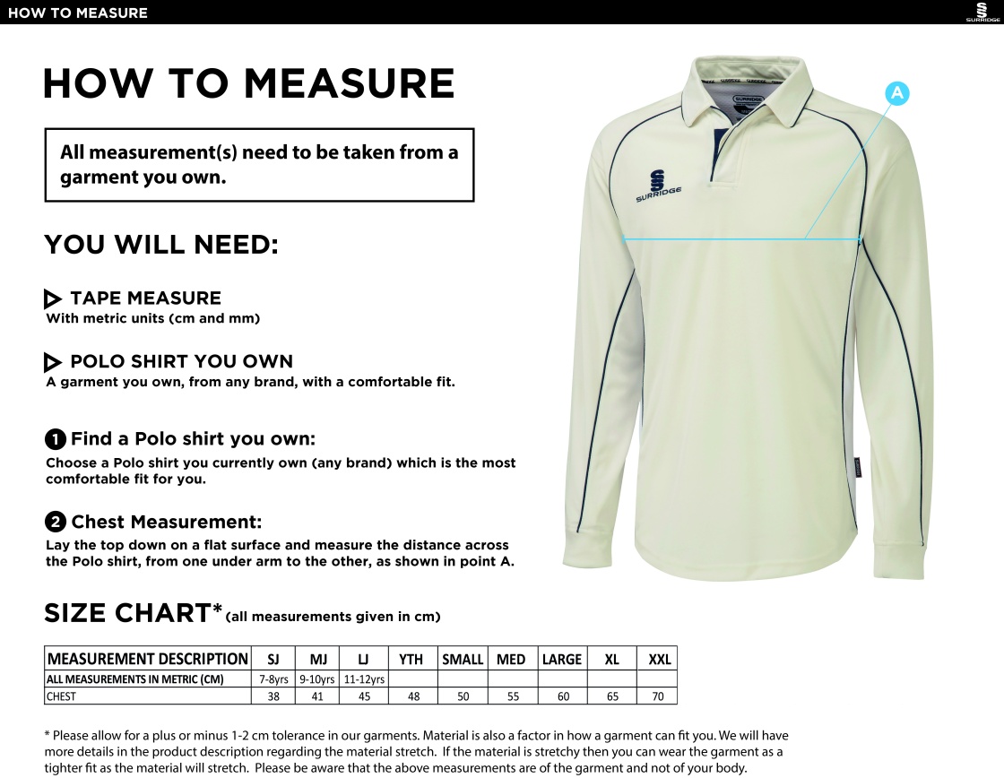 Young Lions Cricket Club Premier Long Sleeve Playing Shirt - Size Guide