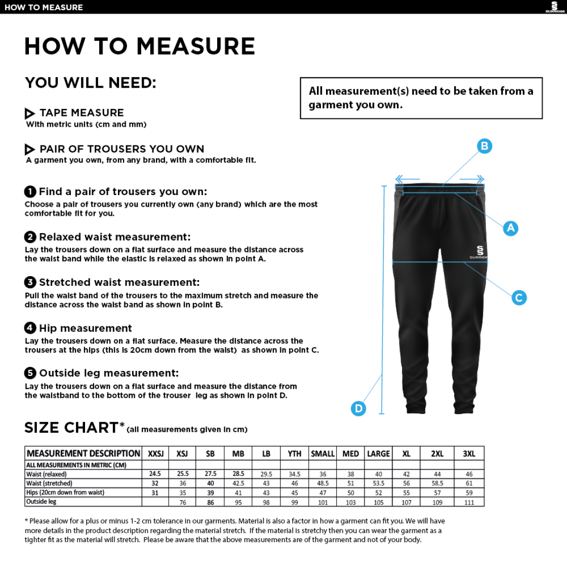 Young Lions Cricket Club Slim Training Pants - Size Guide