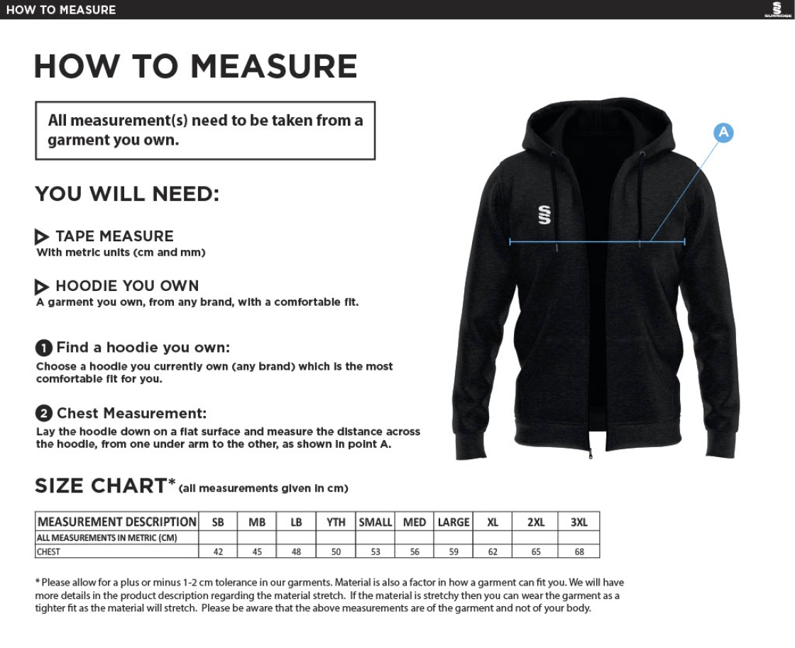 Young Lions Cricket Club Dual Bonded Full Zip Hoody - Size Guide