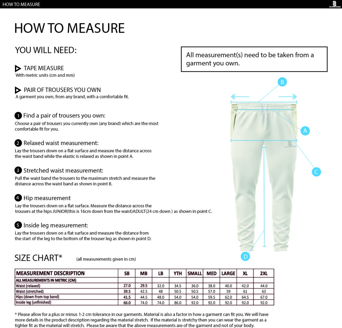 Young Lions Cricket Club Coloured Cricket Trousers - Size Guide