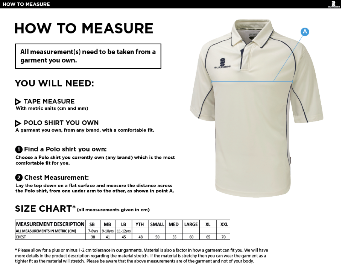Young Lions Cricket Club Premier 3/4 Sleeve Playing Shirt - Size Guide