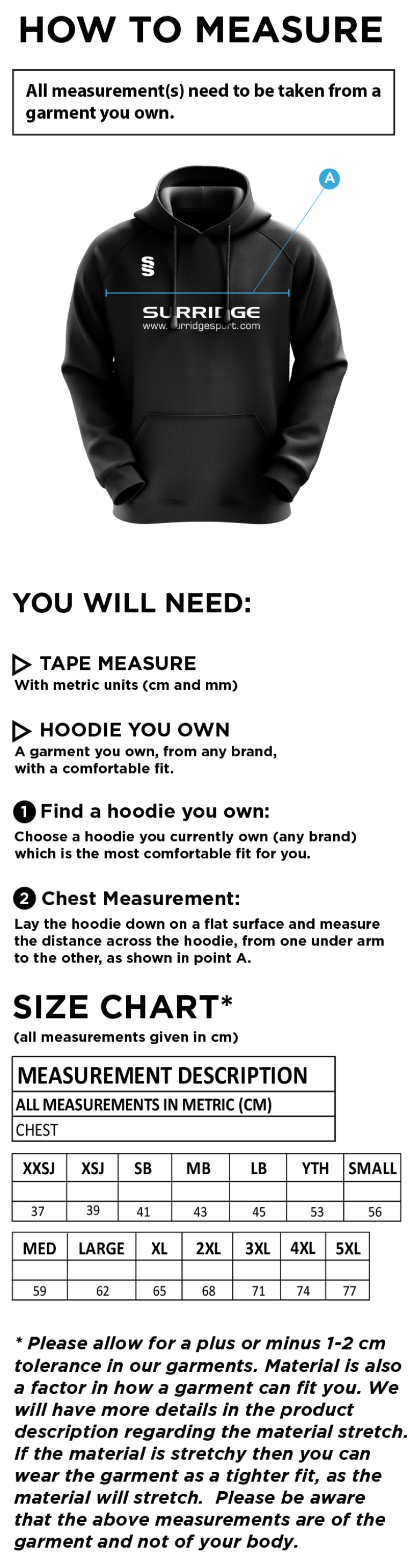 Young Lions Cricket Club Fuse Hoody - Size Guide
