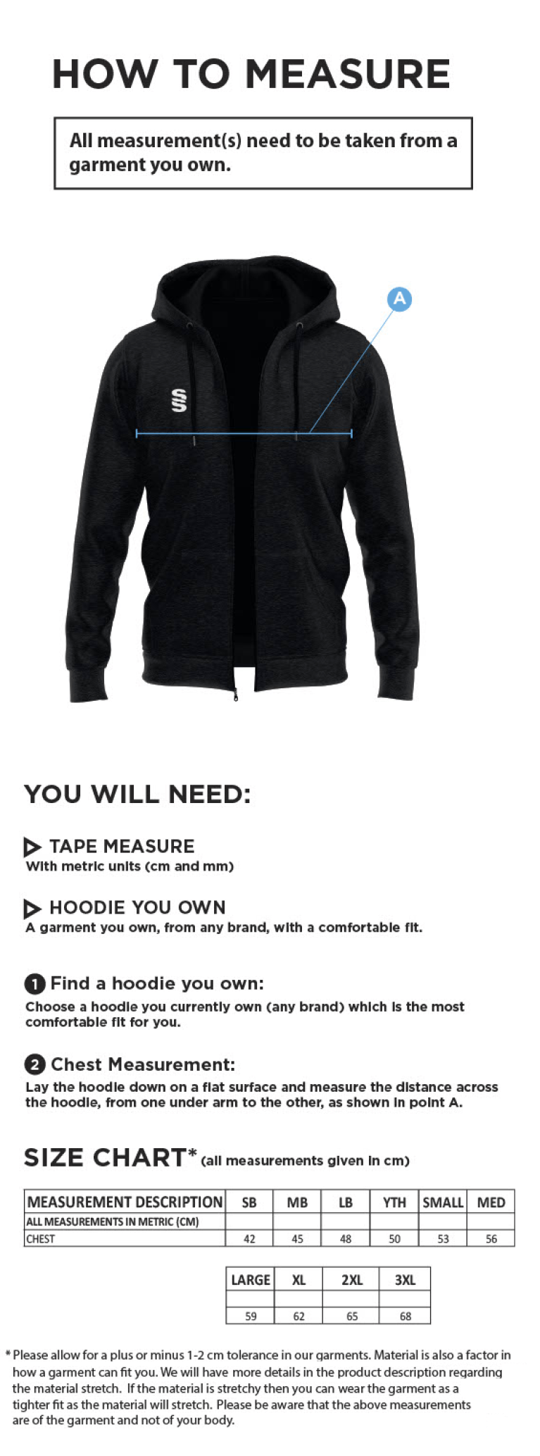 Young Lions Cricket Club Dual Bonded Full Zip Hoody - Size Guide