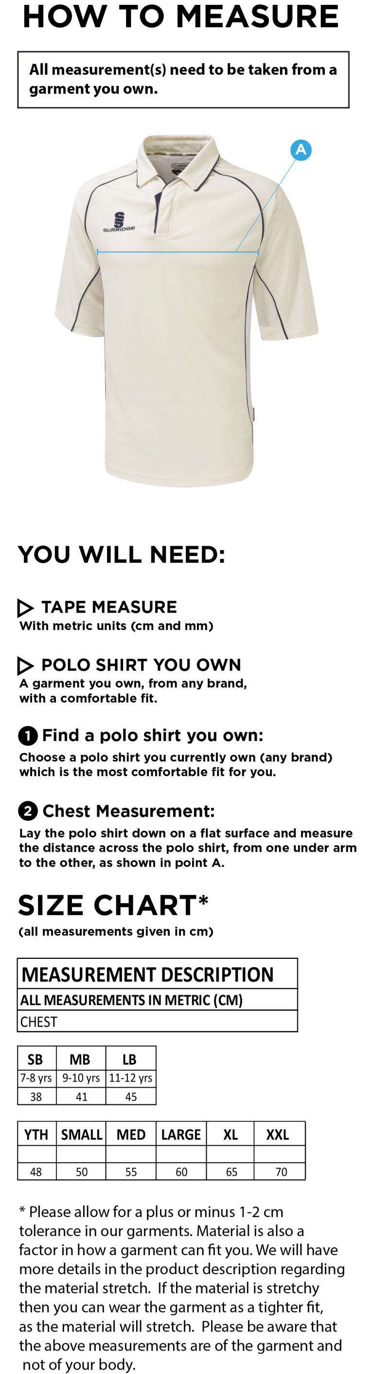 Young Lions Cricket Club Premier 3/4 Sleeve Playing Shirt - Size Guide