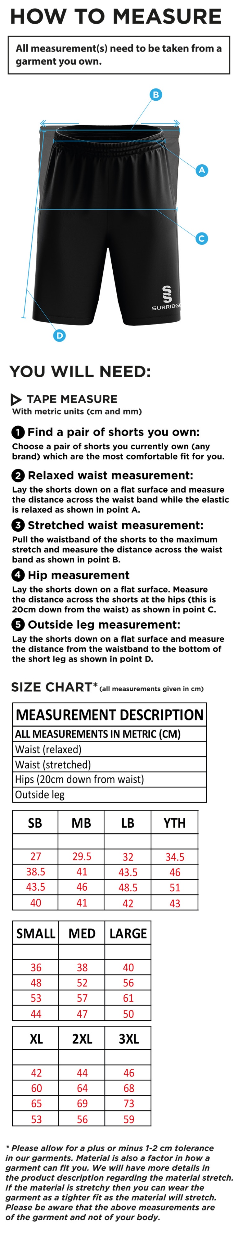 Young Lions Cricket Club Ripstop Leisure Shorts - Size Guide
