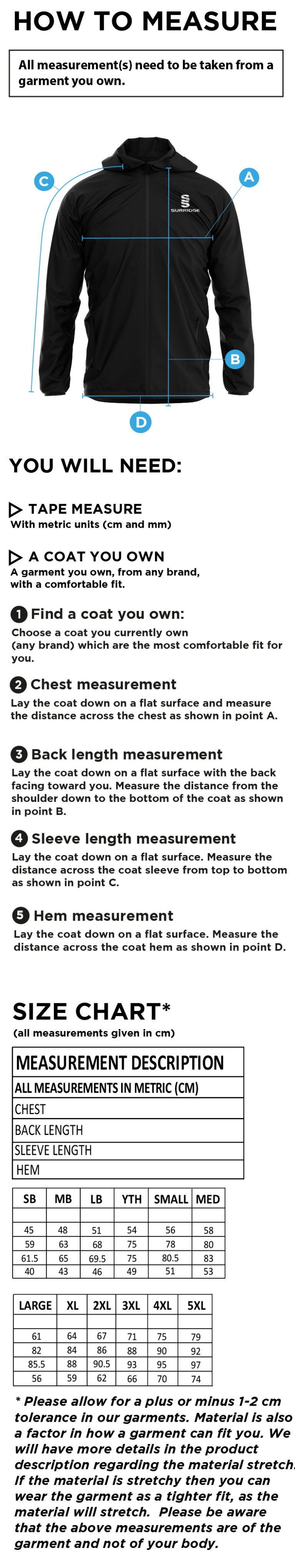 Young Lions Cricket Club Lightweight Full Zip Training Jacket - Size Guide