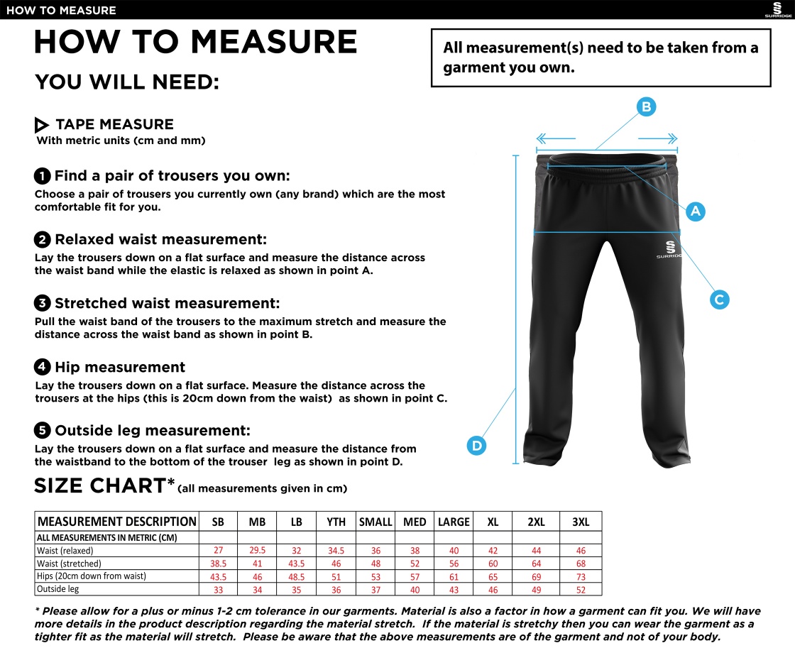 Young Lions Cricket Club Ripstop Track Pant - Size Guide