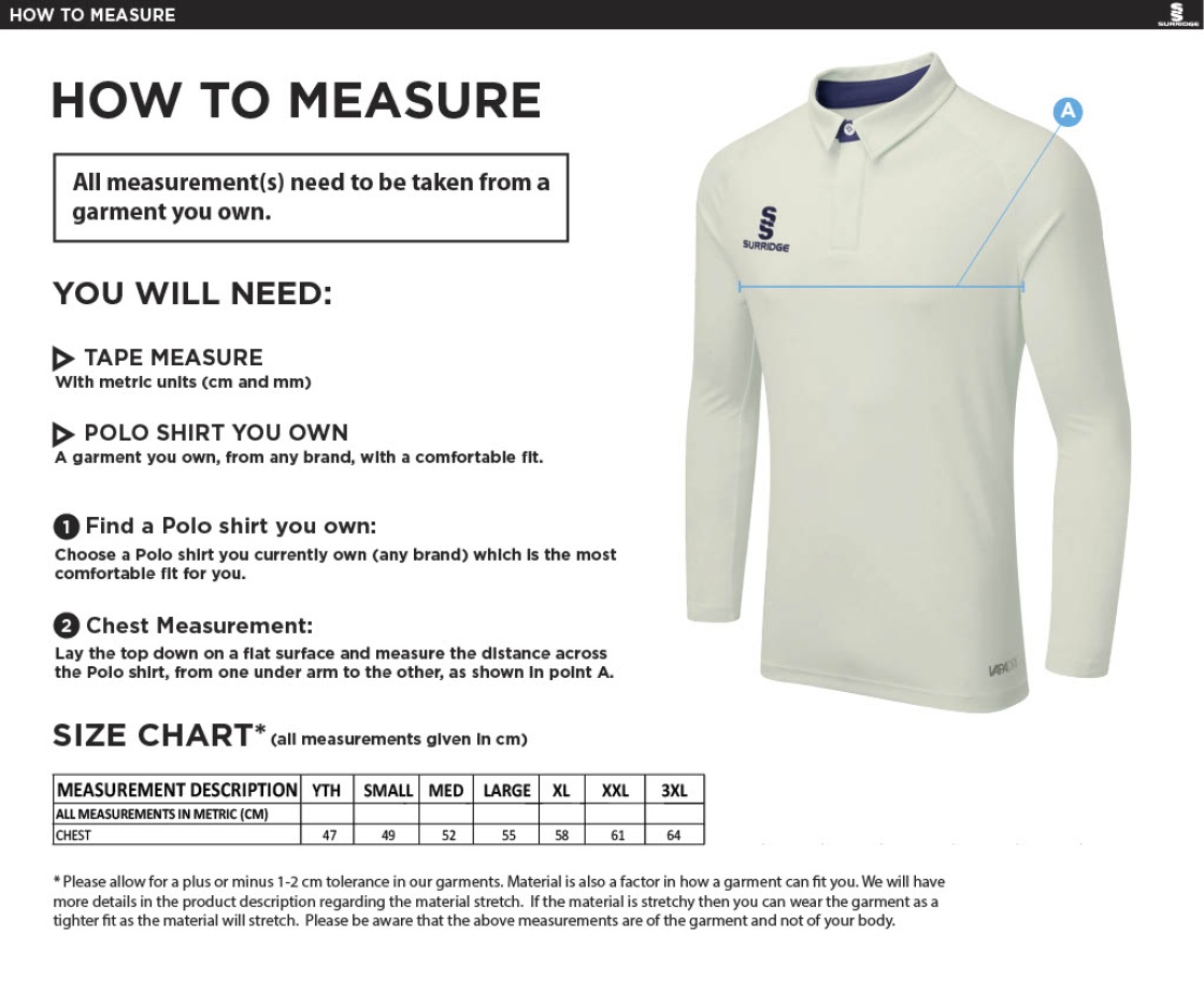 Young Lions Cricket Club Ergo Long Sleeve Playing Shirt - Size Guide