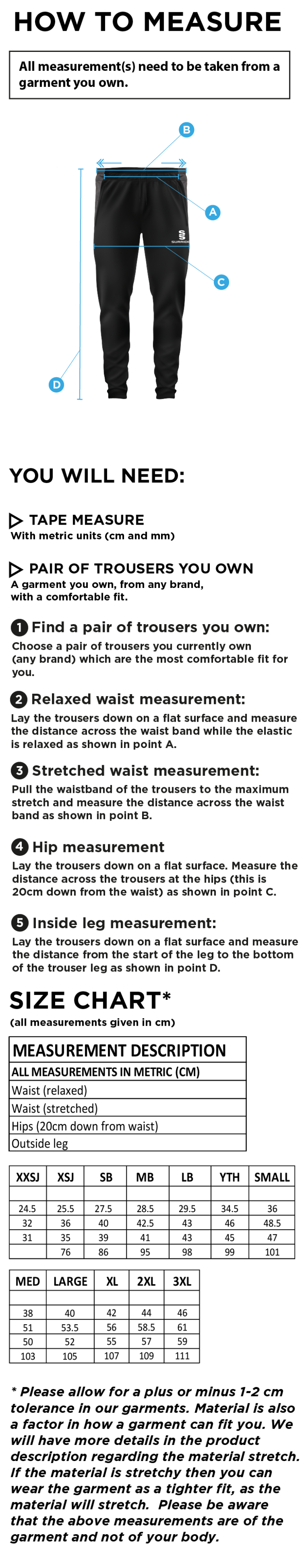 Young Lions Cricket Club Slim Training Pants - Size Guide