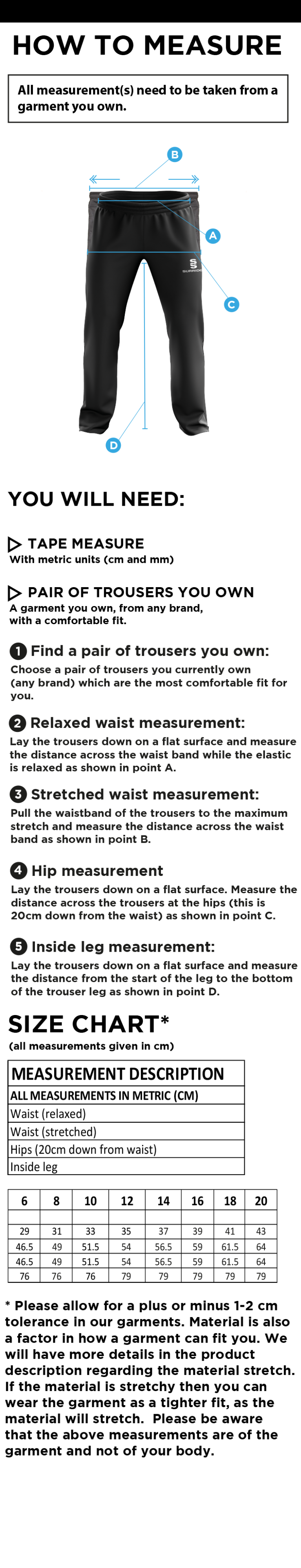 Young Lions Cricket Club Womens Poplin Track Pant - Size Guide