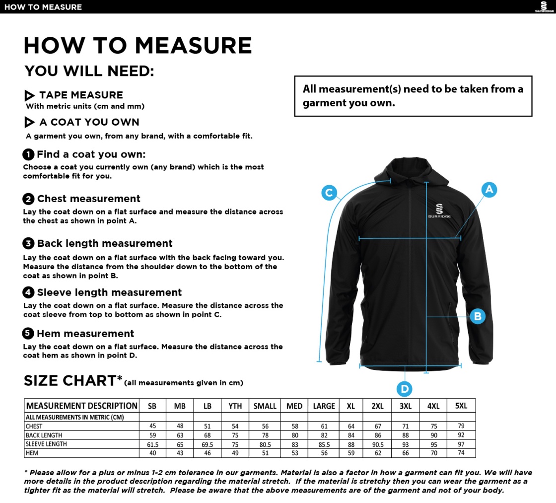 Young Lions Cricket Club Lightweight Full Zip Training Jacket - Size Guide