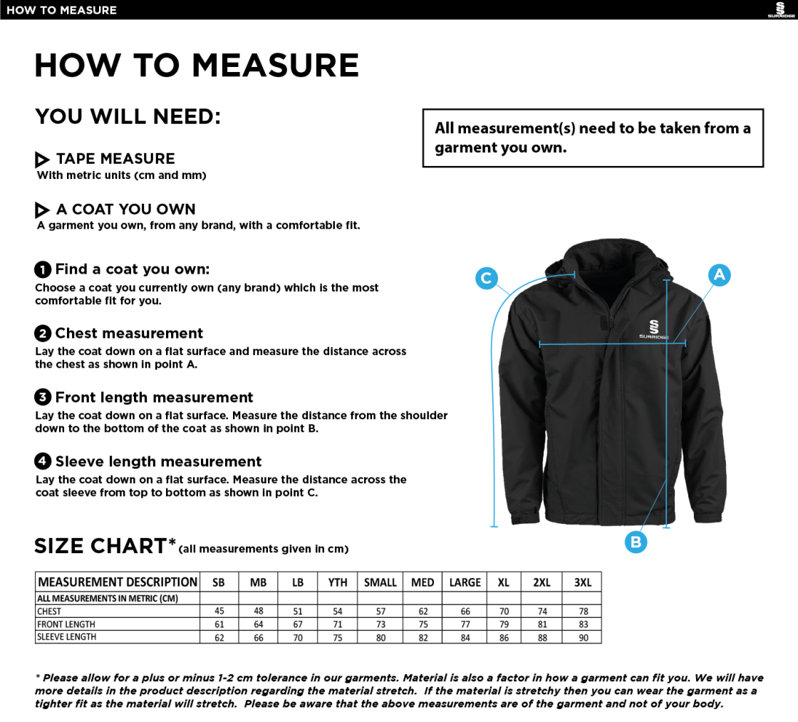 Young Lions Cricket Club Fleeced Line Jacket - Size Guide