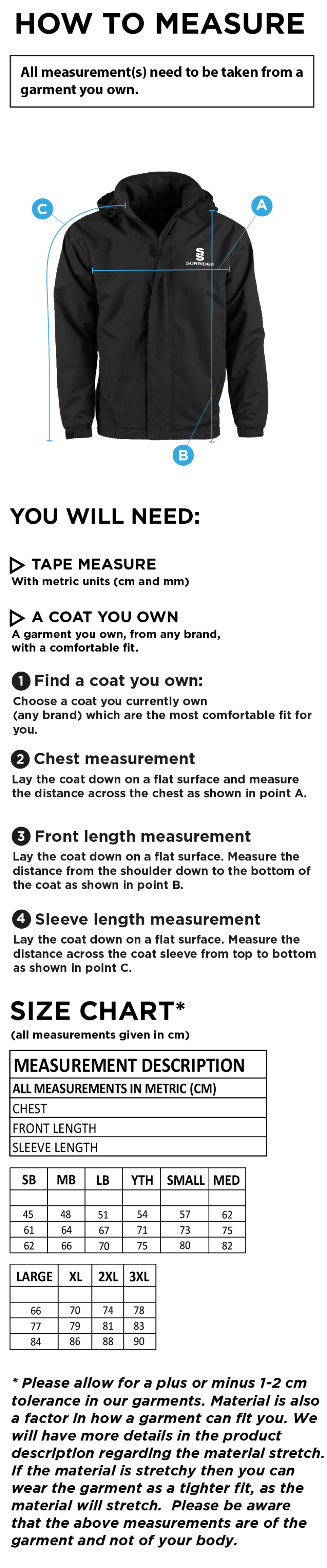 Young Lions Cricket Club Fleeced Line Jacket - Size Guide